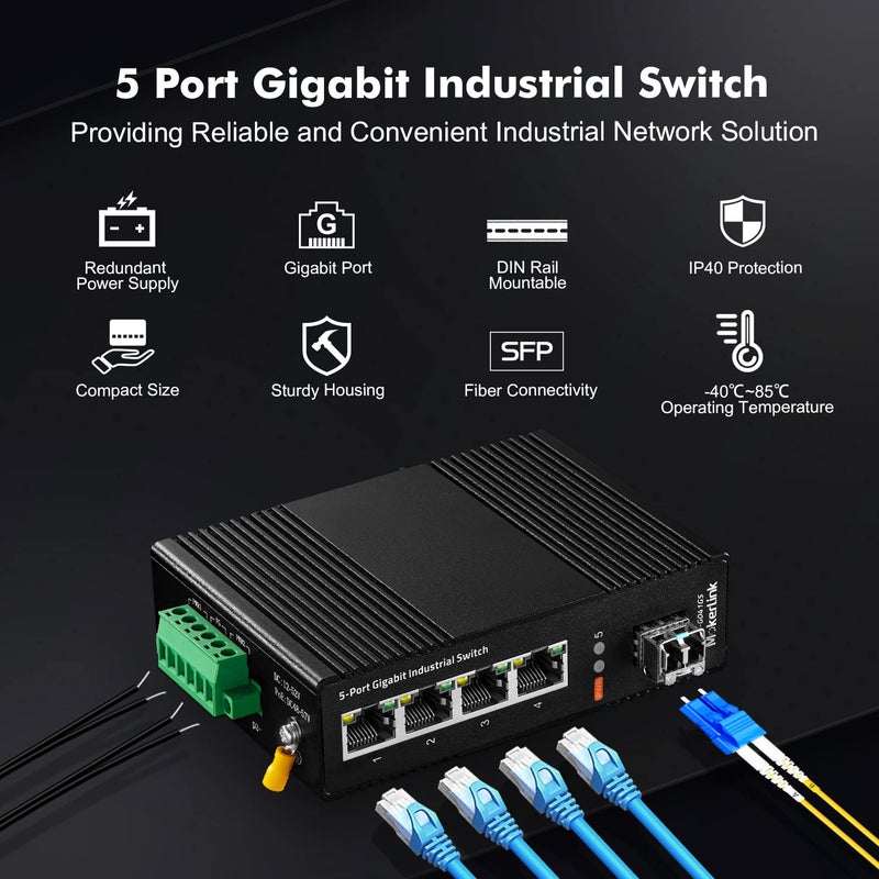 MokerLink 5 Port Industrial DIN-Rail Network Switch, 4 Gigabit Ethernet, 1 SFP, 14Gbps Switching Capacity, IP40 Rated (-40 to 185F), With UL Power Supply - Image 2
